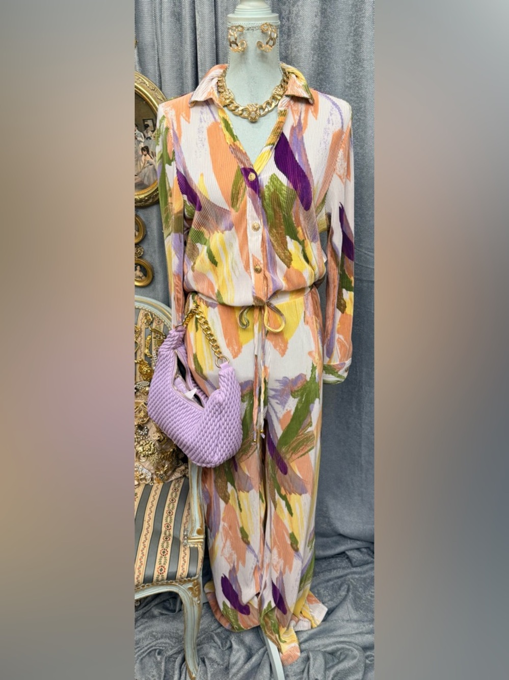 Colorful Floral Print Blouse and Pants Set